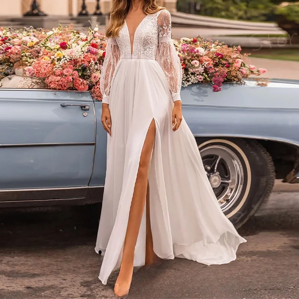 

Simple A Line Women's Wedding Dresses 2025 Appliques Lace Chiffon V Neck Long Sleeve Side Split Sexy Bride Gowns Customized