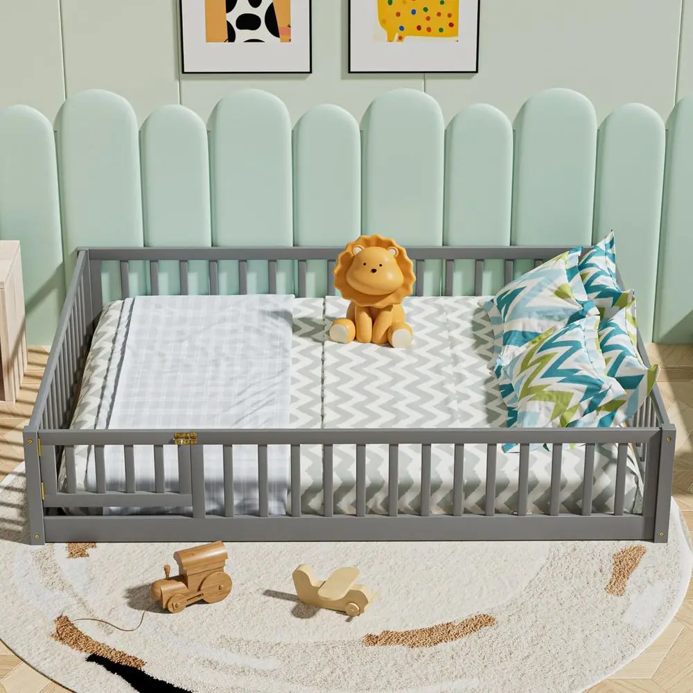 Montessori Kids Floor Bed, Durable Wooden Frame with Slats, Fencing, and Door, Gray, Suitable for Boys & Girls