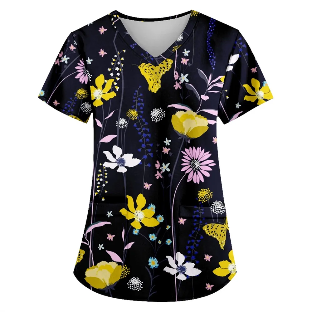 

Women's T-shirt Tops Work Uniform Butterfly Print V-Neck With Pocket Medical Uniforms Nursing Short Sleeve Women's Clothing