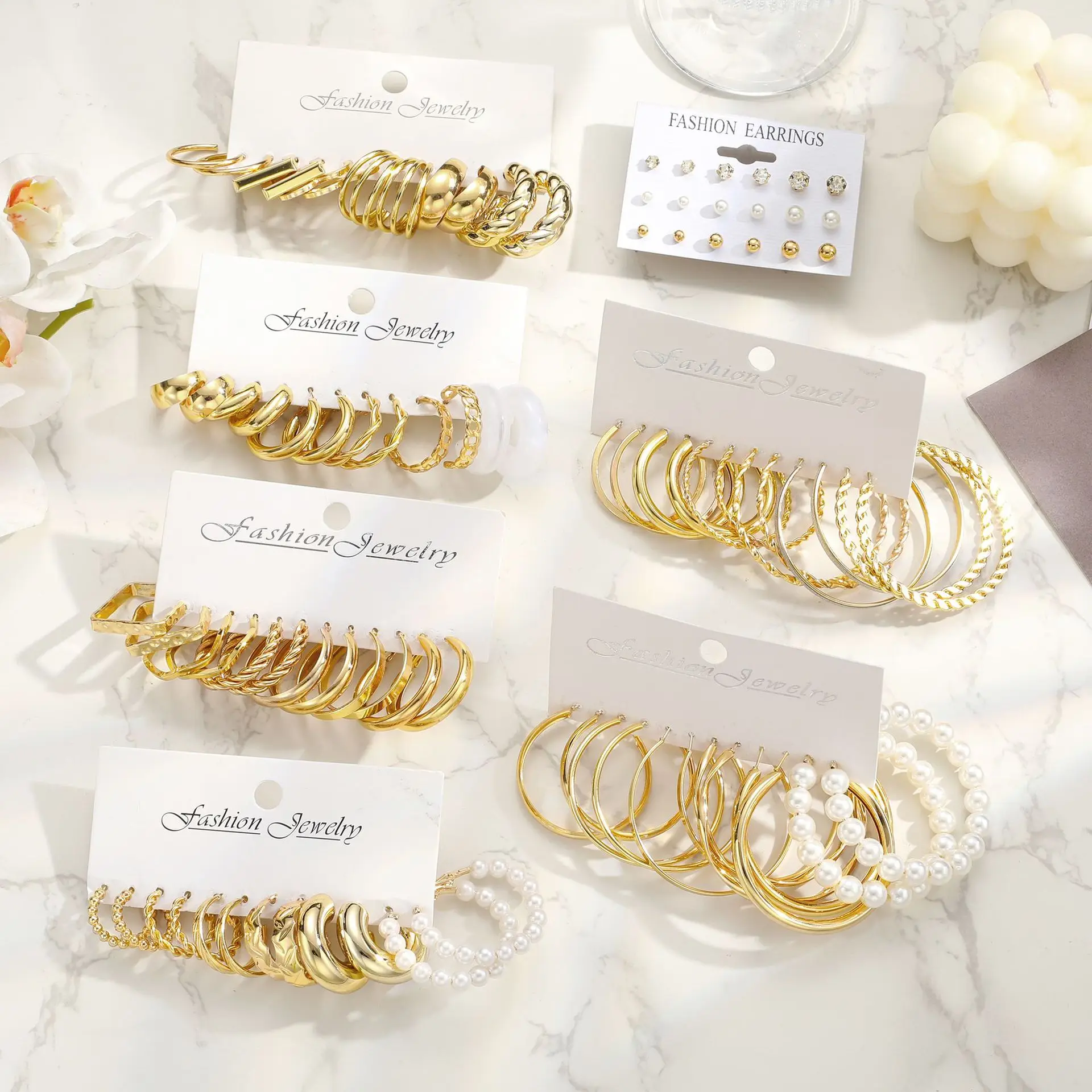 Europe and the United States sell retro geometric C-type pearl earrings set women fashion all match high-grade earrings