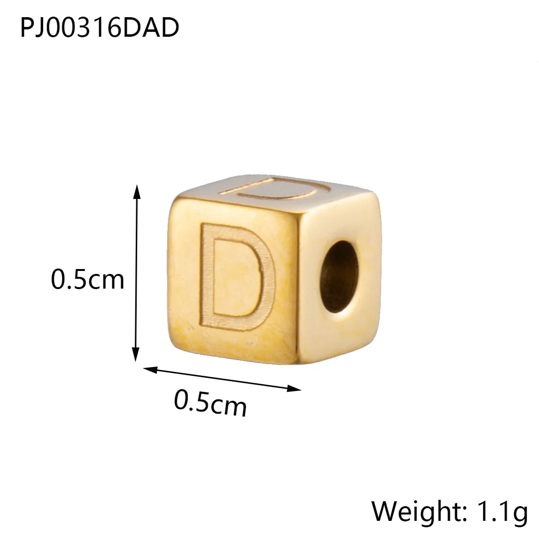 GD Square Cube Stainless Steel Round Hole Slider Bead Stamped 4 Sides Engraved Capital Letter Cube Charm DIY Jewelry