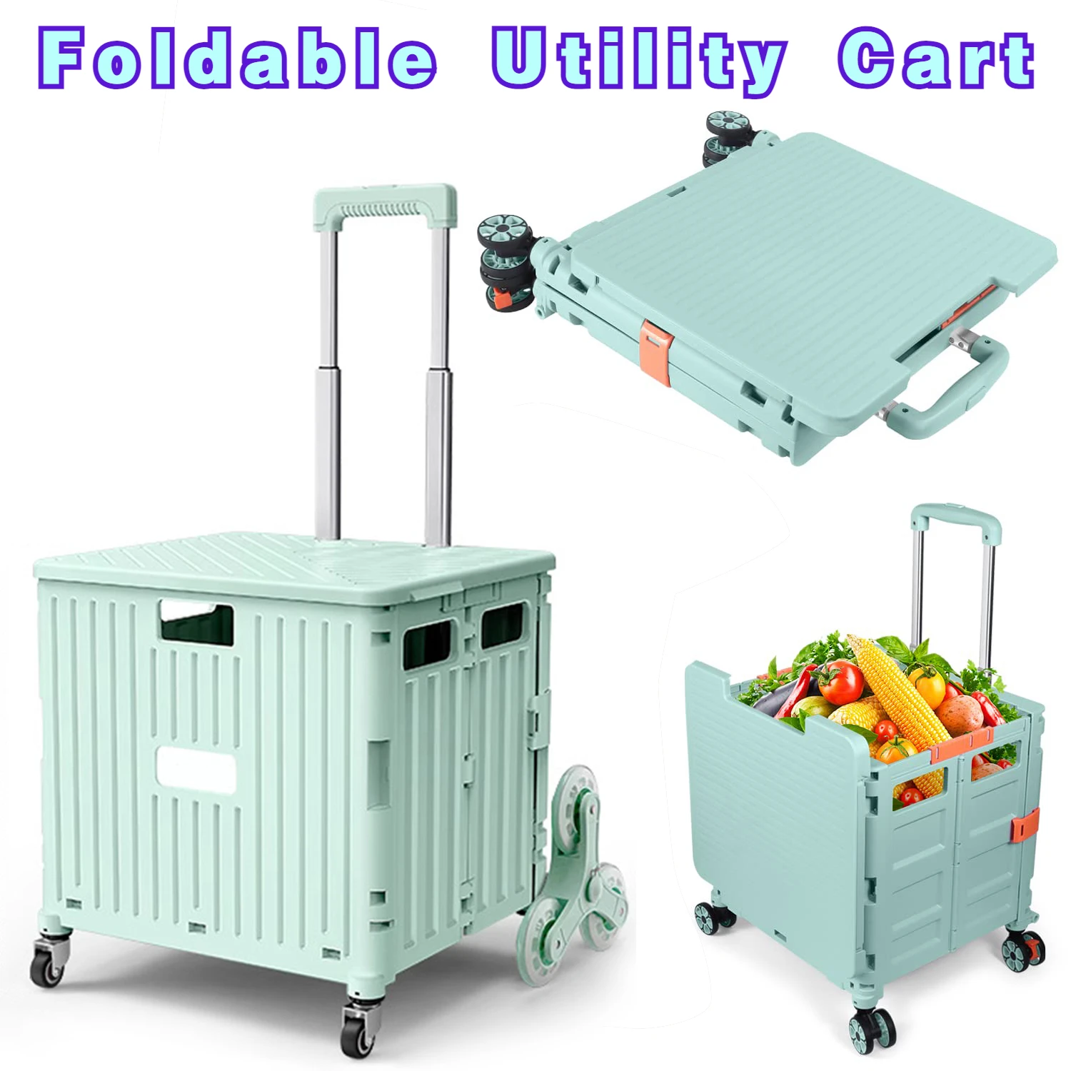 Folding Utility Cart Portable Rolling Wheels Handcart Shopping Trolley Collapsible Tool Box with Lid for Grocery Office Storage