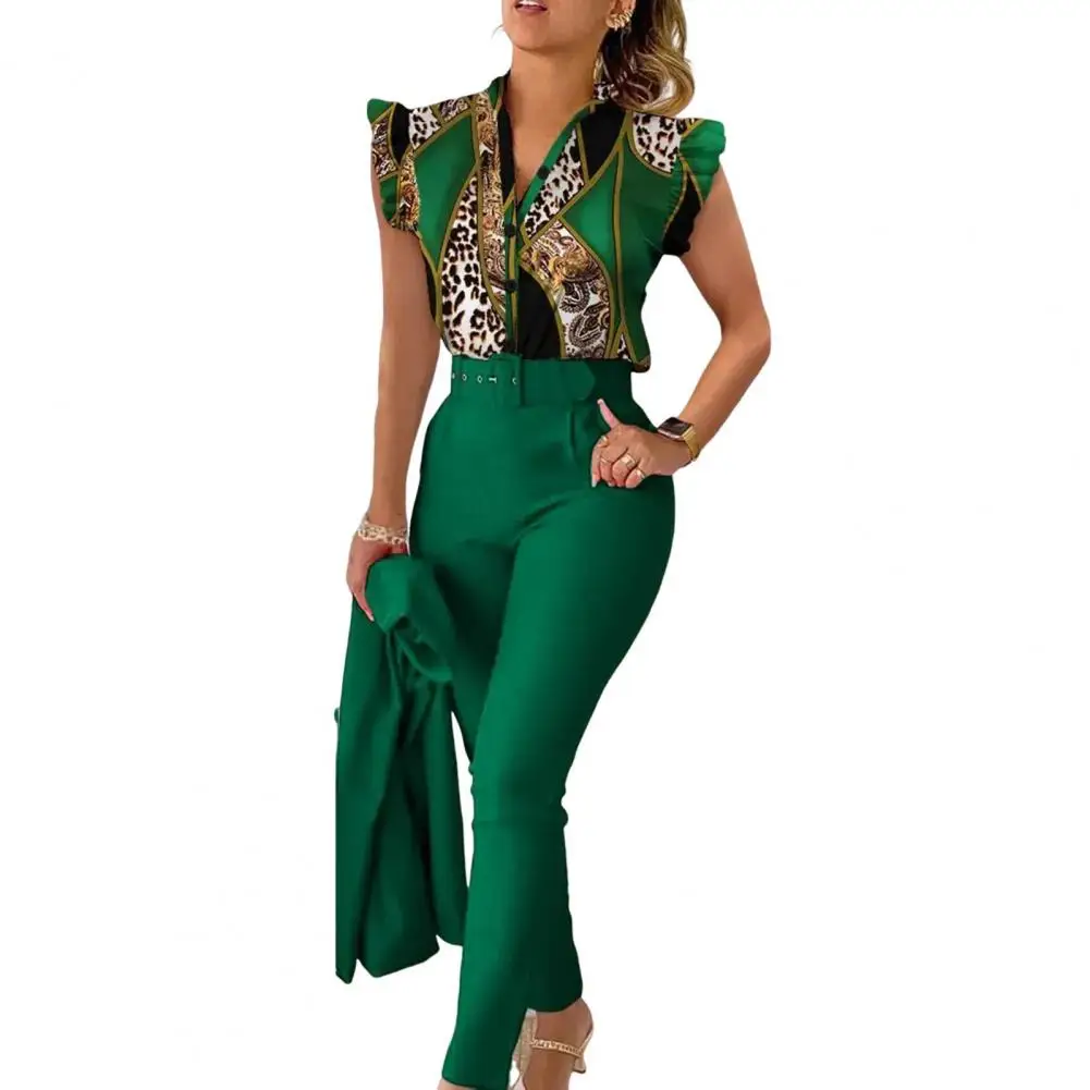 Women Shirt Trousers Set Elegant Women\'s Office Wear Set with V Neck Top High Waist Pants Belt Chic Color Matching Slim for Work