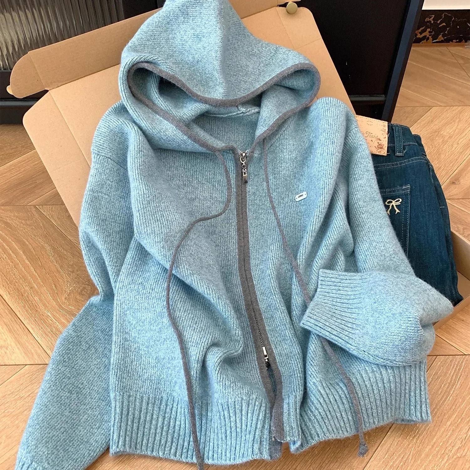 

Корейский женский вязаный кардиган, свитер с двойной молнией и капюшоном, открытая передняя часть, свободный крой, модное осенне-зимнее новое поступление