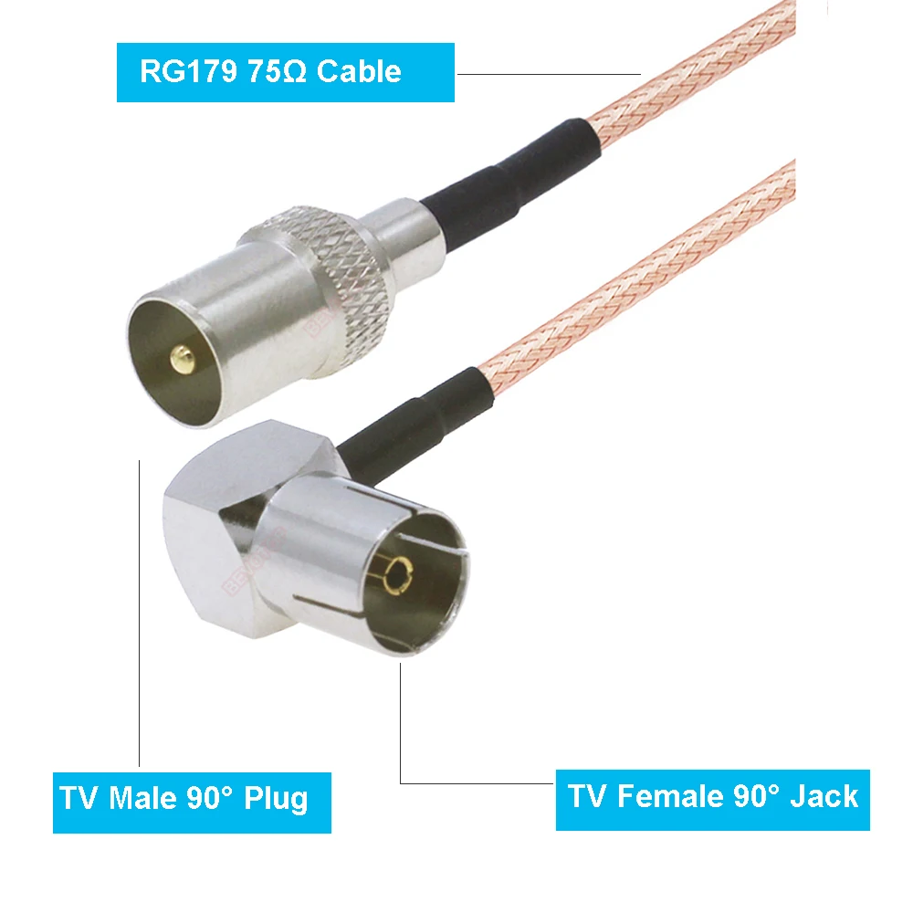 75Ohm RG179 Cable TV Male to TV Female 90° Right Angle Plug 75Ω RG-179 Pigtail TV Antenna Cord Jumper TV Aerial RF Coaxial Cable