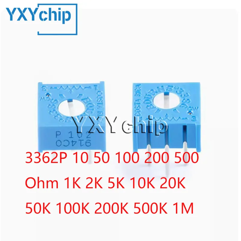 10pcs 3362p 10 50 100 200 500 Ohm 1k 2k 5k 10k 20k 50k 100k 200k 500k 1m Singleturn Trimmer Potentiometer Resistance