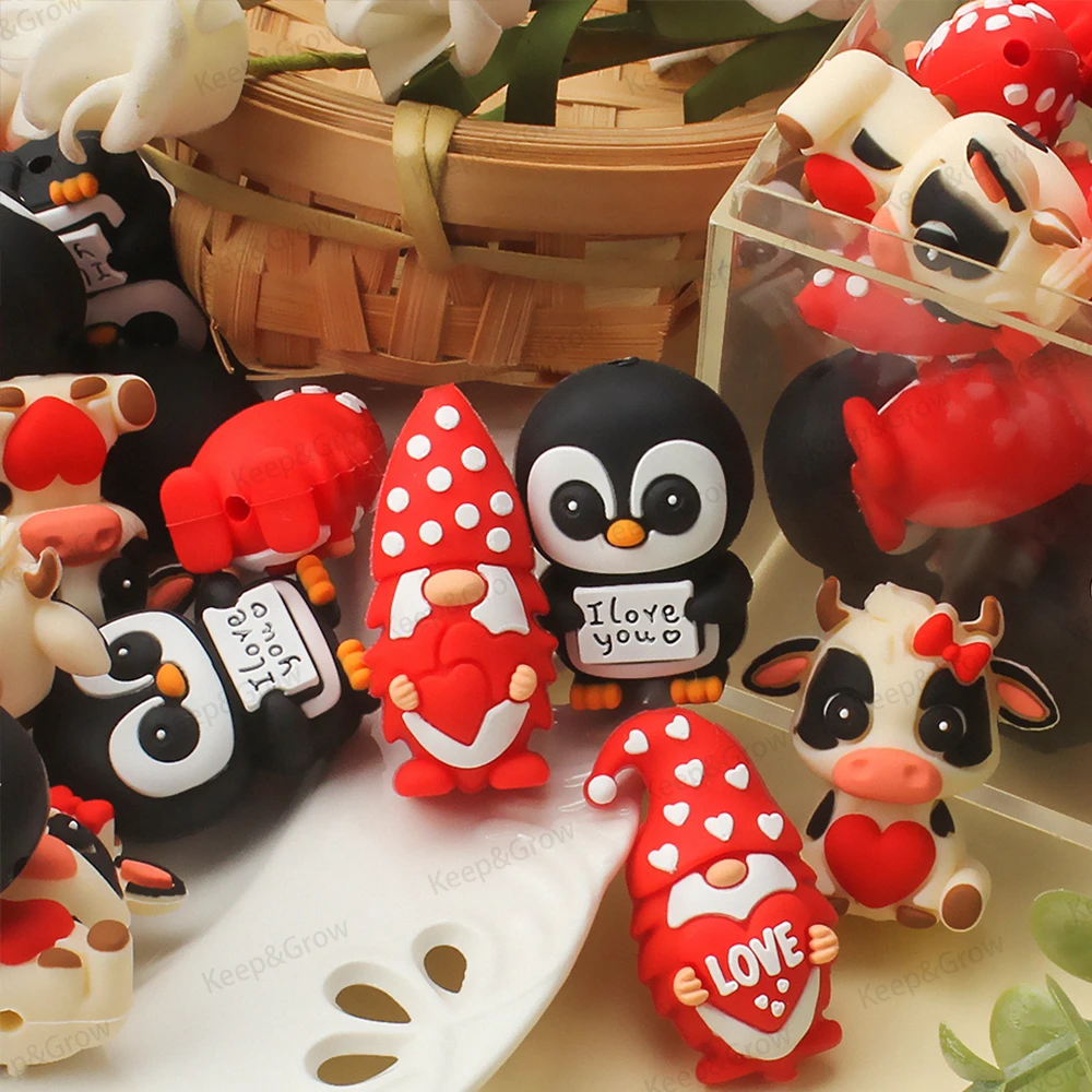 5/20/50 قطعة موضوع عيد الحب ثلاثية الأبعاد سيليكون الخرز القلب البقرة جنوم البطريق البؤري الخرز لصنع المجوهرات لتقوم بها بنفسك زوجين مجموعة لطيف