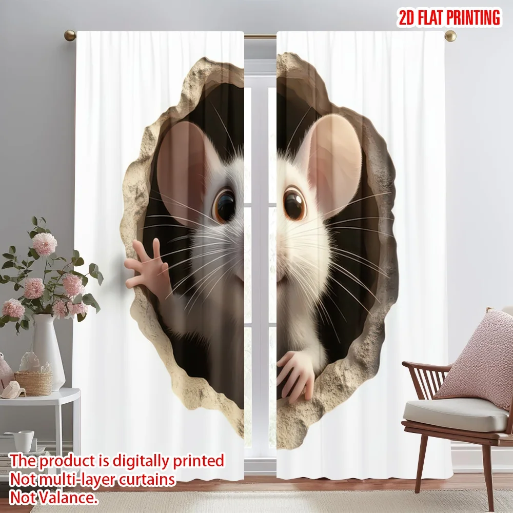 

2D flat printing 2pcs Curtains Cute Mouse Peeking Out Digital Printed Polyester Drapes Festive Wall Decor Use for Oversized
