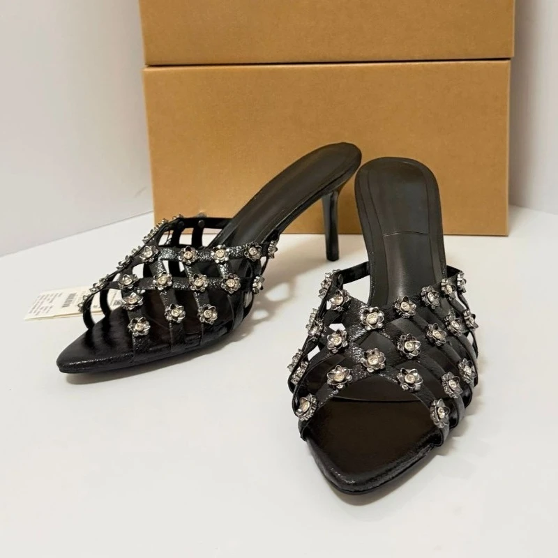 Women's Sandals Summer Rhinestone Flower High Heel Sandals Fashion Open Toe Party Heeled Slippers Elegant Evening Dress Shoe New - view 3