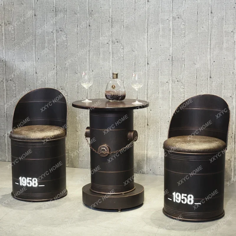 Industrial style retro bar milk tea hot pot shop hair salon clothing store tables and chairs iron barrel oil barrel  creativity