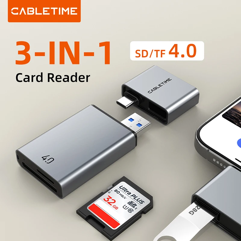 CABLETIME SD4.0 Card Reader 3 В 1 312 МБ/с 5 Гбит/с USB A и USB C к SD/TF адаптеру карты памяти для ноутбука, телефона, Macbook