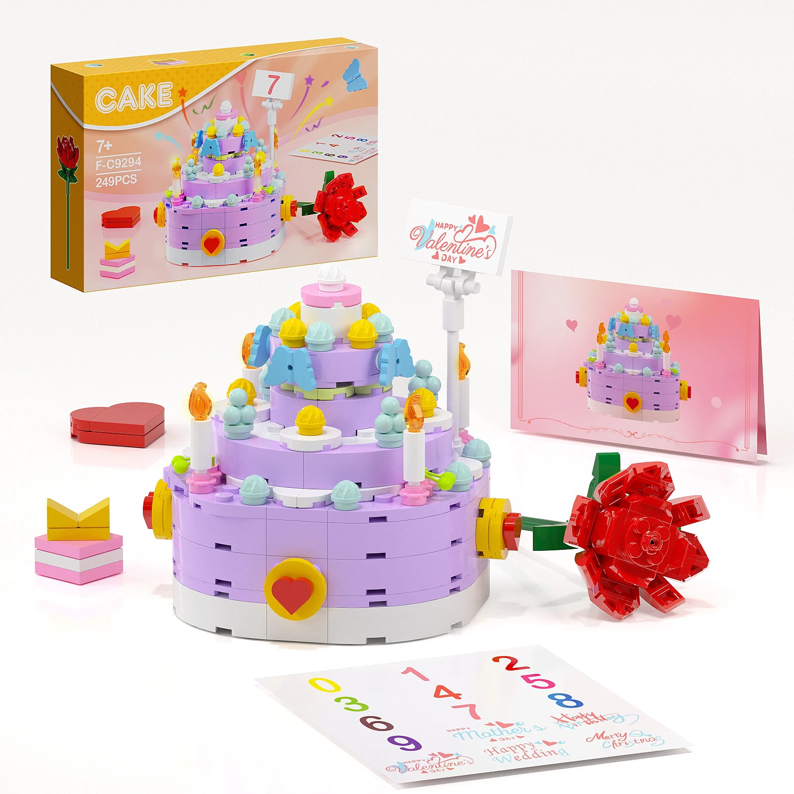 

Lovely Birthday Cake Building Blocks with Light-up Candles Rose Greeting Cards Sweet Cake Model Toys Birthday Christmas Gifts