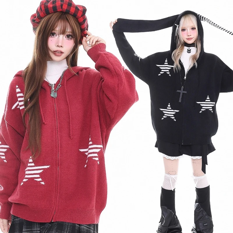 Christmas Red Hooded Women's Sweaters Coat 2025 Autumn Winter Design Sweet Loose Versatile Y2k New Year Cardigan Coats Ladies