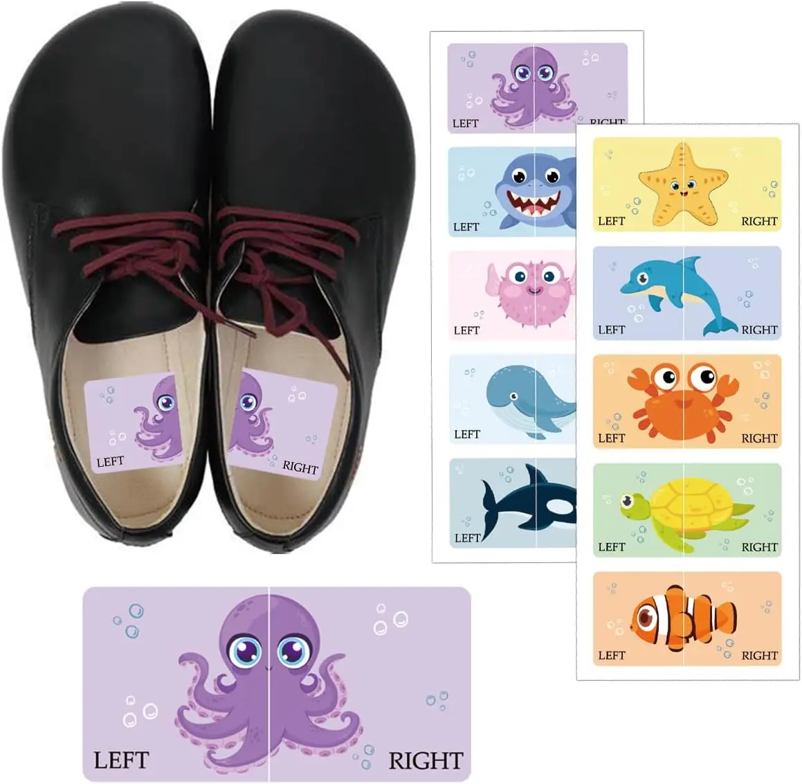 

Детские этикетки для обуви с морскими животными, милые наклейки на обувь на правую и левую подошву с животными и фруктами для мальчиков и девочек