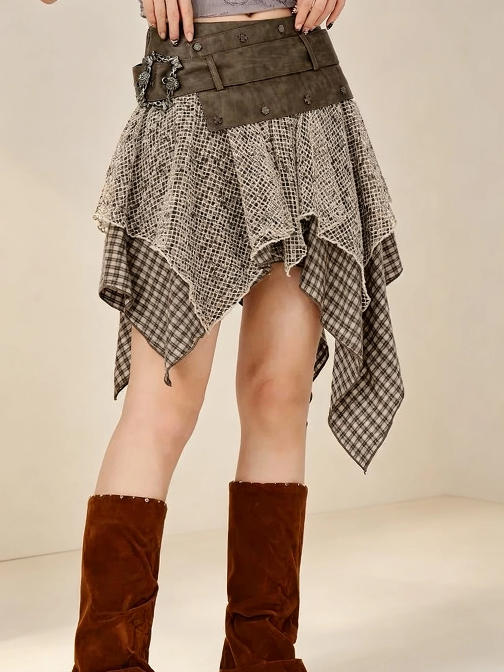 American Retro Spliced Color Block Irregular Loose  Skirt for Women Early Autumn New Design Sense Spicy Girl Skirt