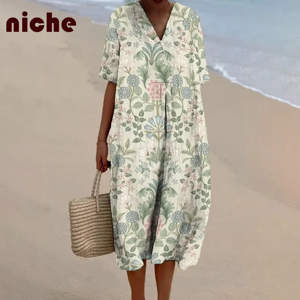 Fashion Women Beach Skirt Retro Flower Graphic Printing Cotton And Linen High Quality Loose V-Neck Trend New Soft Long Skirt