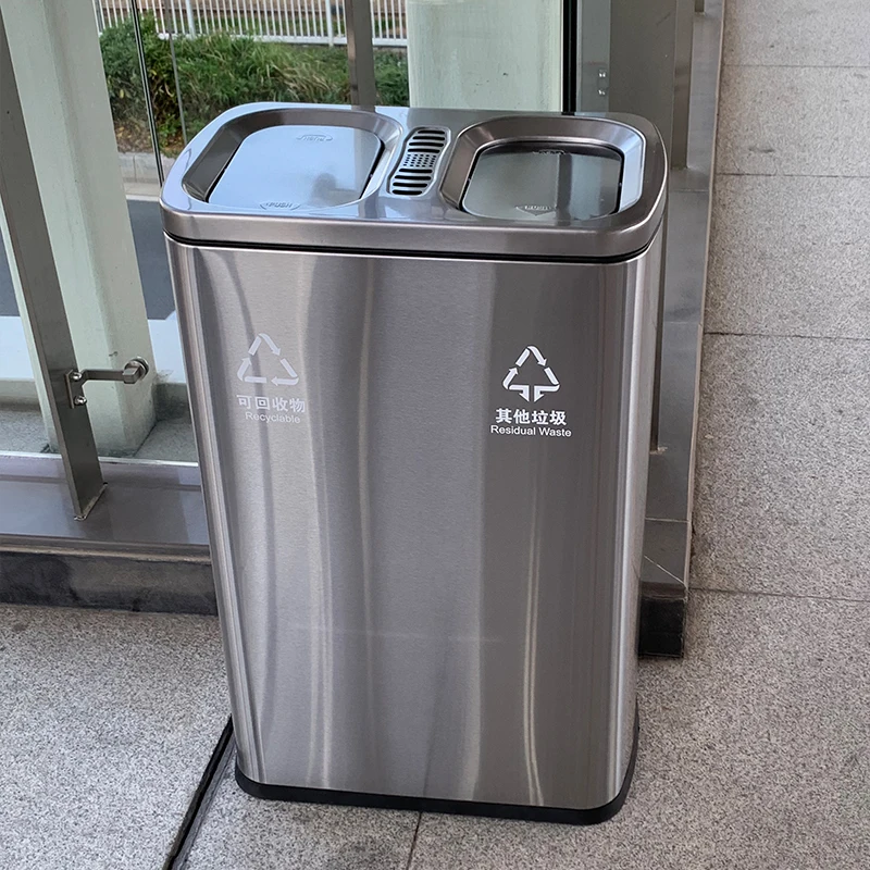 25L+25L Stainless Steel Dual Compartment Trash Can High-End Hotel Waste Recycling Bin for Indoor Commercial Use