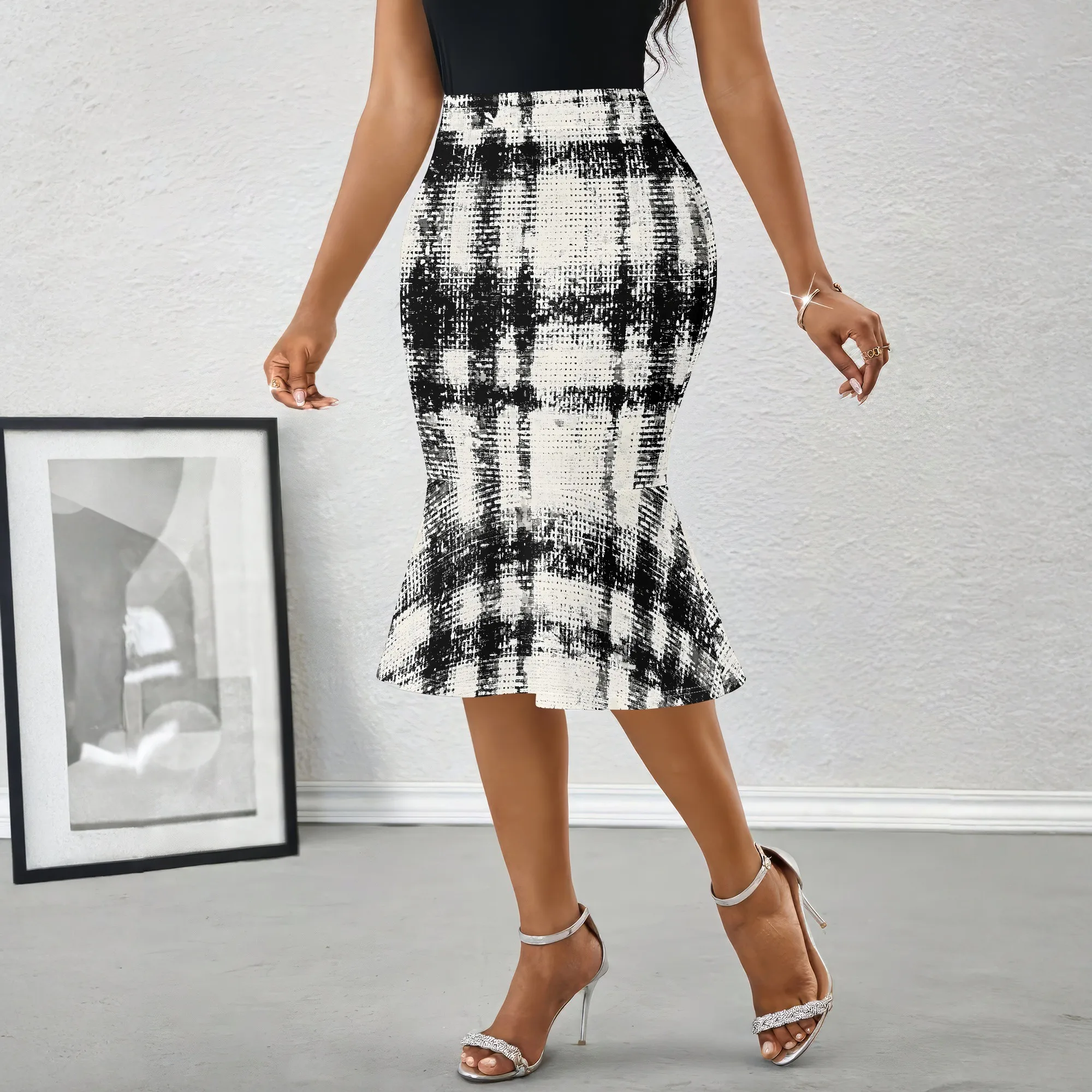 黒白チェック柄ミディスカート、ハイウエストペンシルスカート、 - Women Formal Wear Black And White のレビューと価格