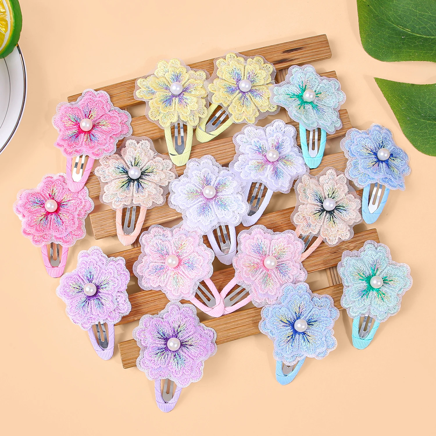 8/16 pçs pérola chiffon bordado floco de neve grampos de cabelo para meninas tecido borda bb clipes para crianças decoração diária acessórios para o cabelo