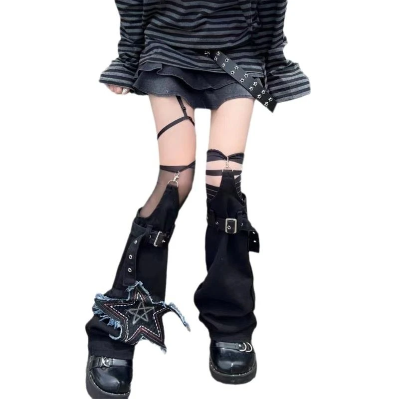 

Women Punk Buckled Straps Jeans Leg Warmer Star Appliques Flared Long Boot Cover 15UB