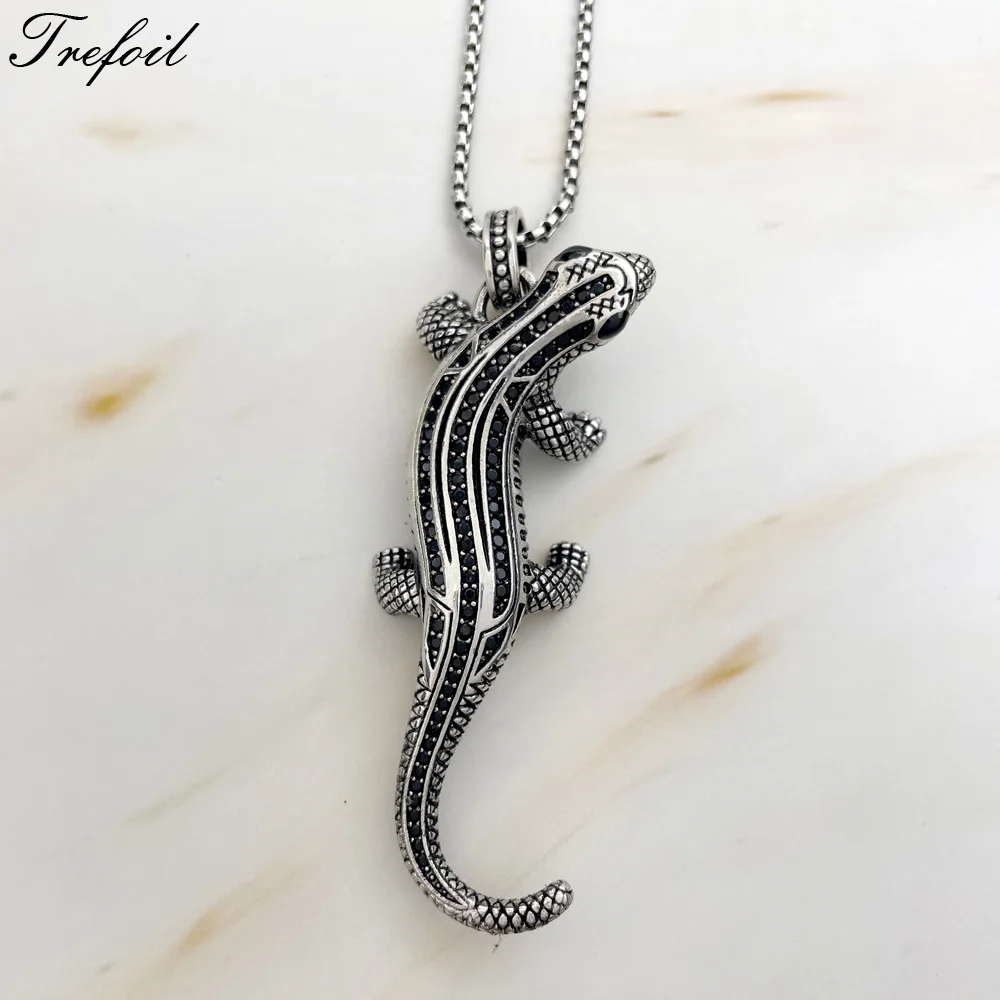

Link Chain Necklace Salamander Lizard 925 Sterling Silver With Balck Zirconia Fine Jewelry Rebel Street Punk Gift For Men Women