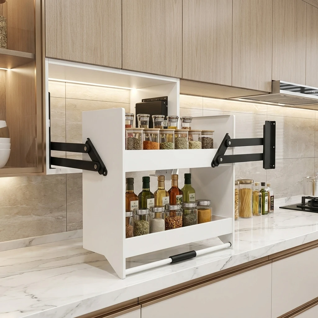 & Stainless Steel Lift-Down Storage Rack for Kitchen Cabinets Light Luxury Pull-Out Basket High Cabinet Organizer Dish Holder