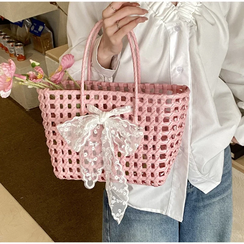 Koreanische Hohlgeflochtene Schleifen-Handtasche, Süße Einfarbige Gemüsekorb-Tasche, Lässige Vielseitige Schultertasche mit Großer Kapazität, Neu – Detail 13