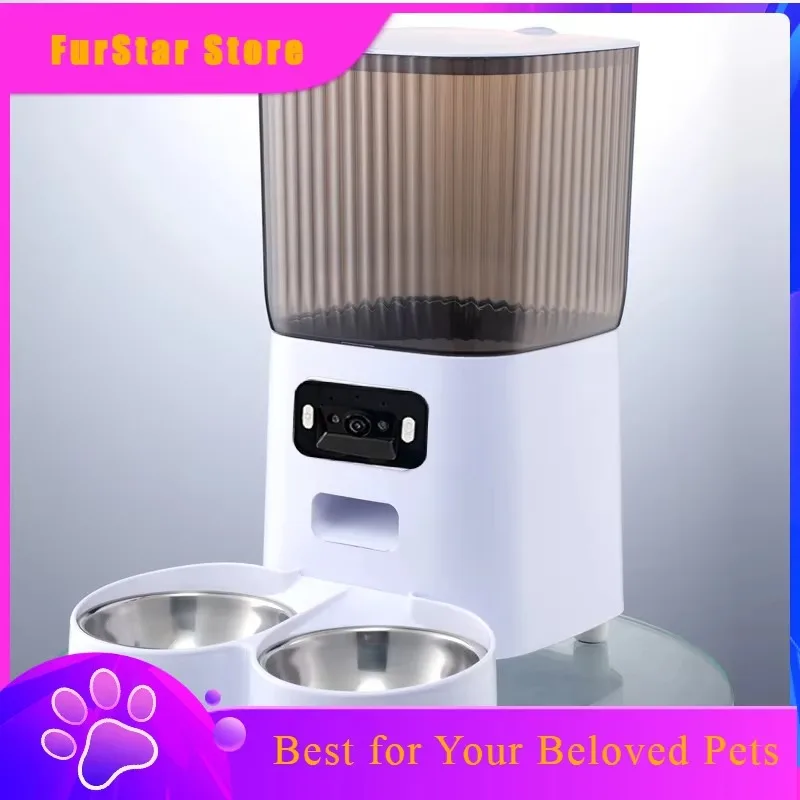FurStar5L Double Bowls Smart Automatic Cat Feeder With Camera Cat Dry Food Video Dispenser Pet Smart Voice Recorder Auto Feeder