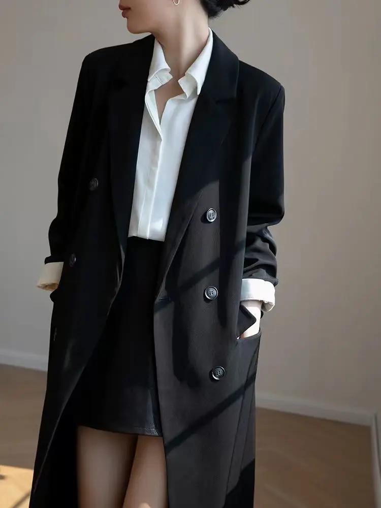 Long Blazer Women Spring Autumn Jacket Korean Double-breasted Chic Windbreaker Black Suit Office Ladies Business Outerwear Robe