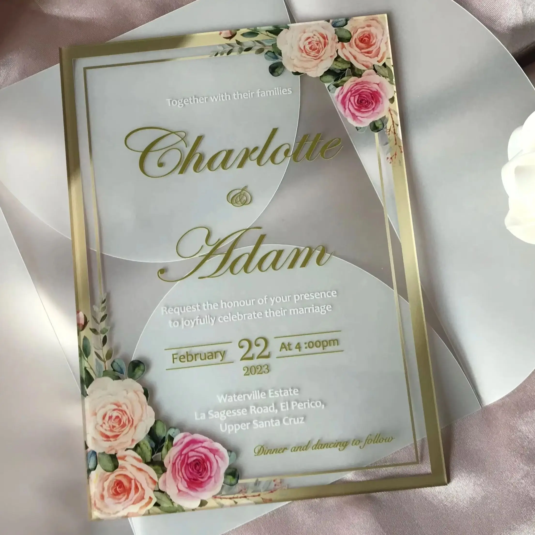 

Pink Floral Acrylic Wedding Invitation,Custom Acrylic Invitation,Semi-Envelope,Personalized Quinceanera Invitation, 10Pcs