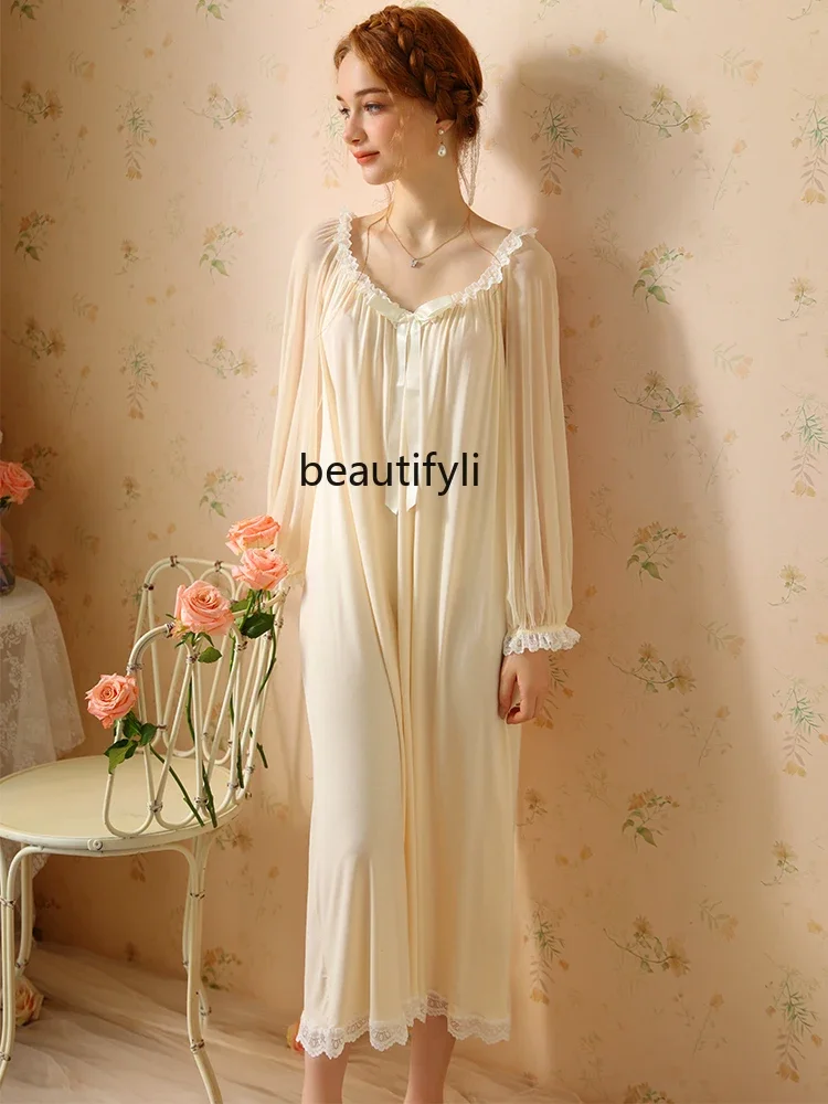 Palace Style Nightdress for Women New Spring/Summer Modal Long Sleeve Sexy Thin Lace Princess Style French Style Pajamas