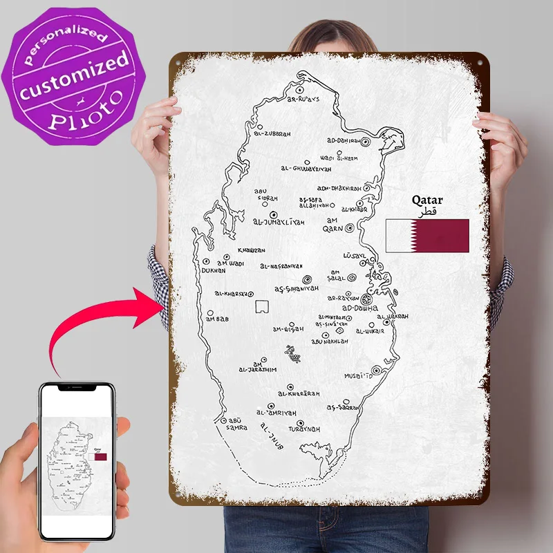 Handdrawn Qatar Map Metal Poster Perfect Gift for Fans Lovers Customized Wall Art Metal Sign for Home Decor Items Wand Deko Room