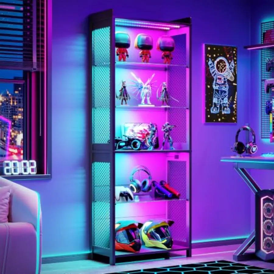 5-Tier Display Case with Glass Shelves and LED Lights