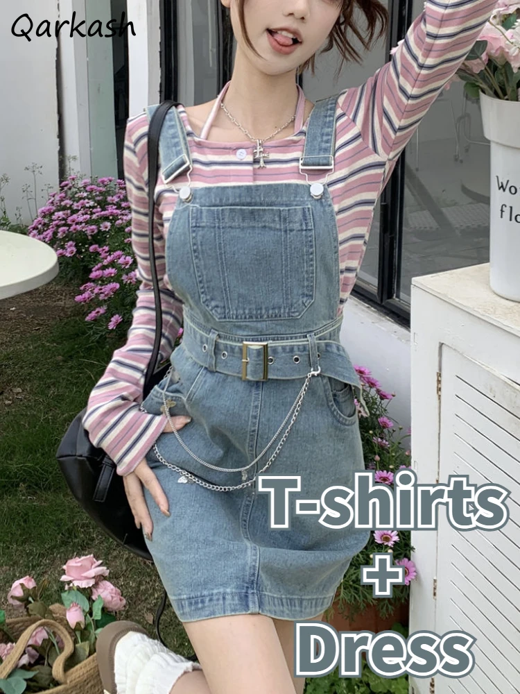 Sets Women Striped Halter Sexy T-shirts Bodycon Mini Dress Denim Summer Aesthetic Temper All-match Streetwear Casual Clothing