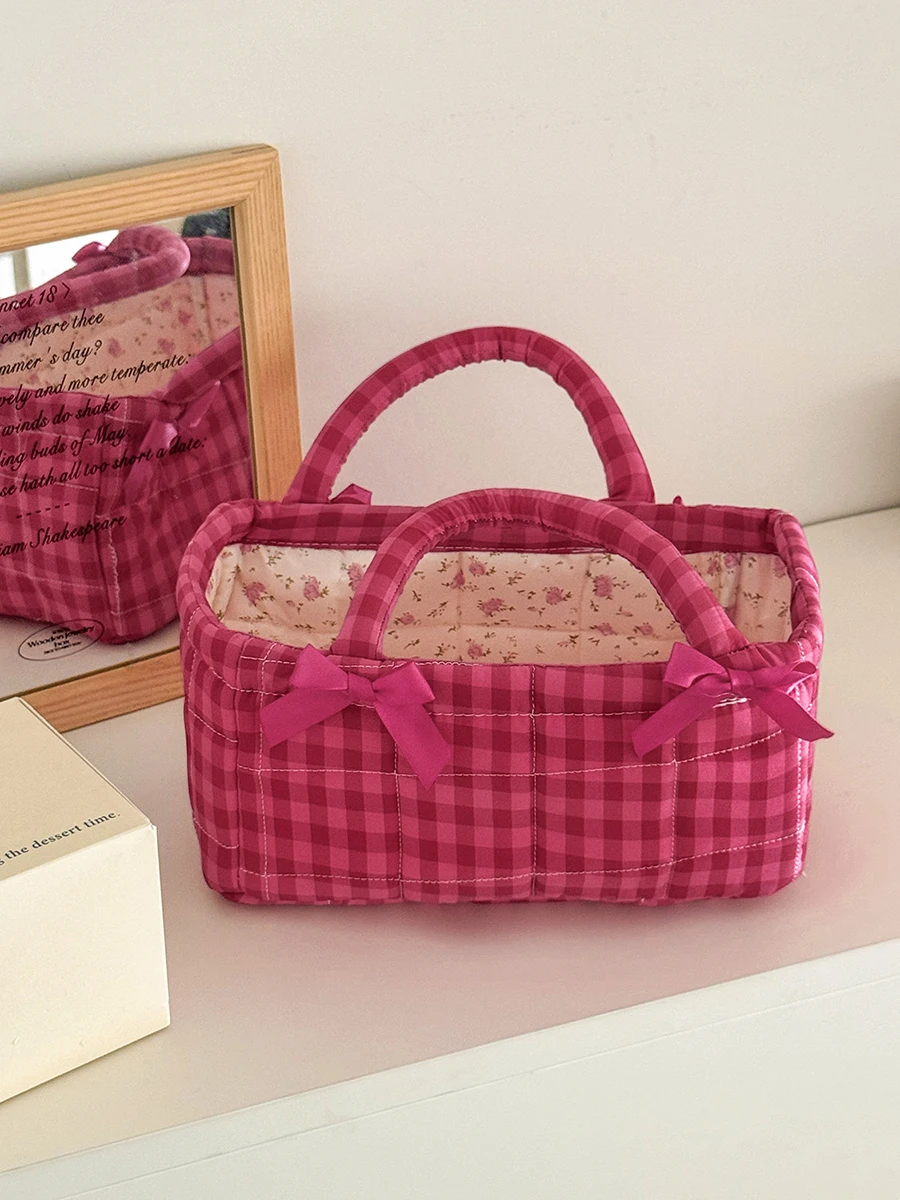 Red Plaid Double Bow Quilted Storage Basket, Desktop Cosmetic Daily Organizer Two Colors
