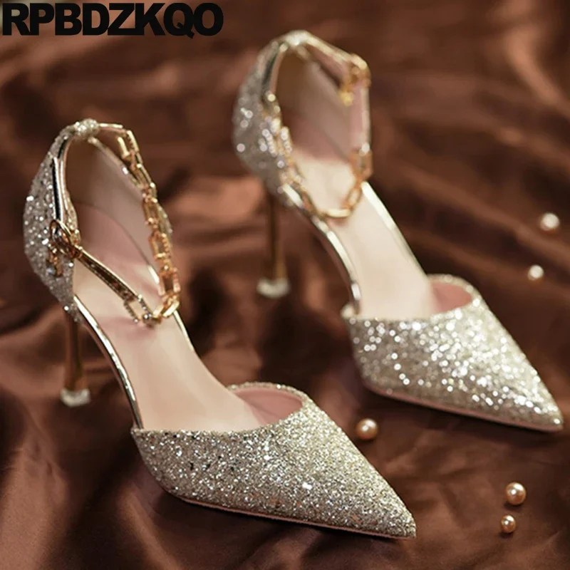 Glitter Small Size Shoes Ankle Strap Pumps Thin High Heels Chain Paillette Women Sandals 43 Crystal Sequin Big Pointed Toe 33