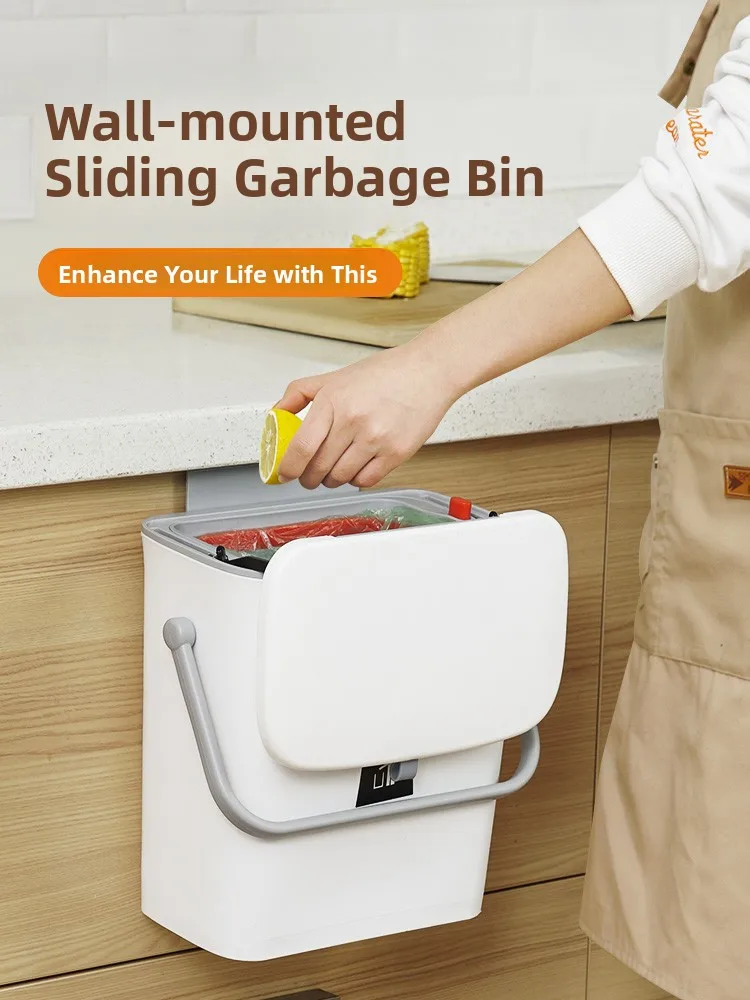 Kitchen Bathroom Wall-Mounted Trash Can with Lid Small Size High Aesthetic Value Automatic Packaging Food Waste Plastic Stora...