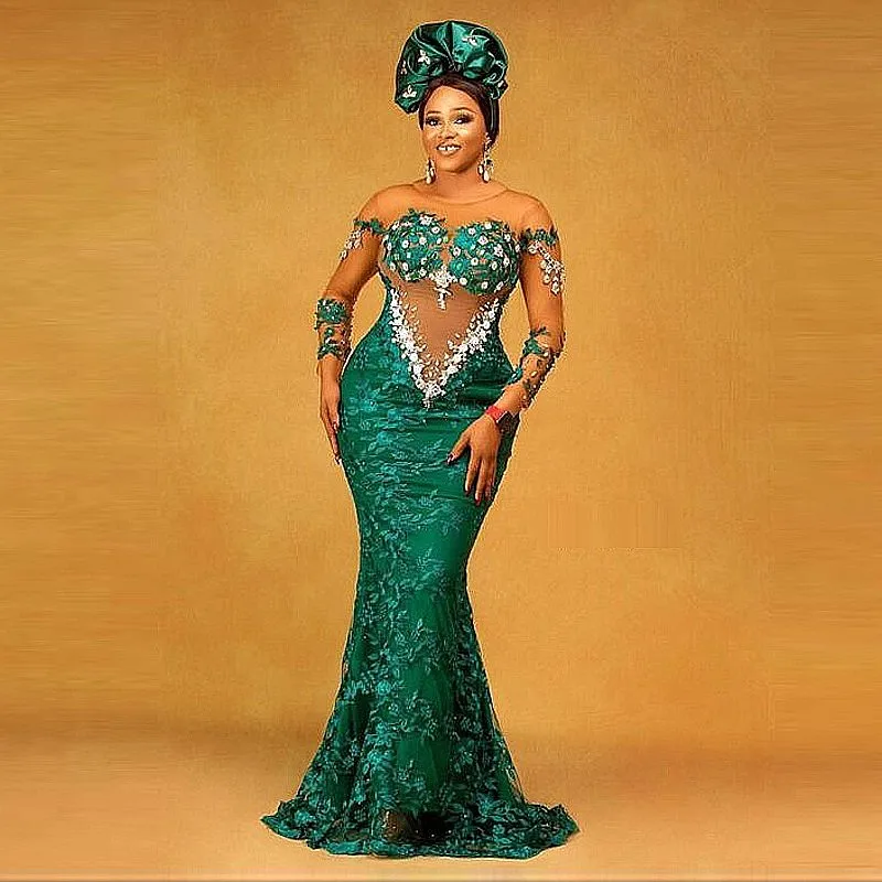 Mermaid Evening Dresses For African Women Sheer Neck Illusion Long Sleeves Appliques Aso Ebi Prom Dress Dark Green Lace Gowns