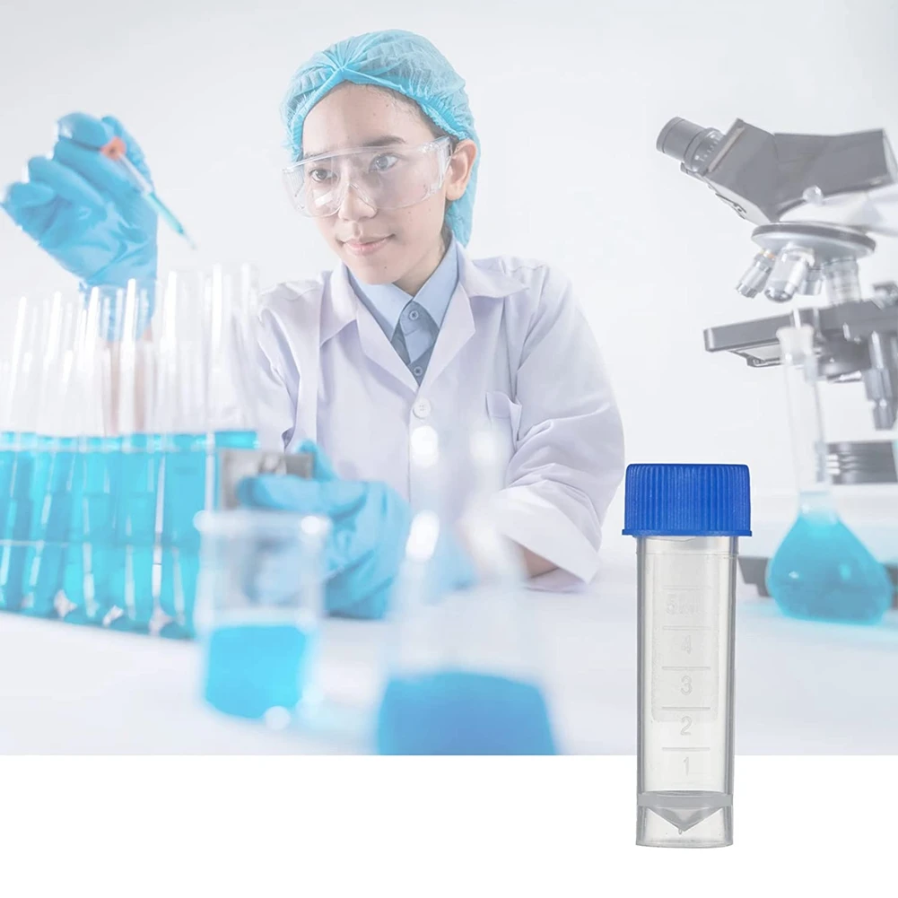 

A41Z-200Pcs Graduated Vial Storage Container Test Tubes 5Ml Plastic Blue With Screw Caps