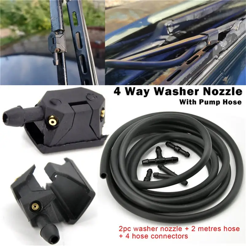 

1Set Universal Mounted Onto Arm Car Windscreen Washer Wiper Blade Water Spray Jet Nozzles Adjusted 4 Way With Pump Hose Pipe