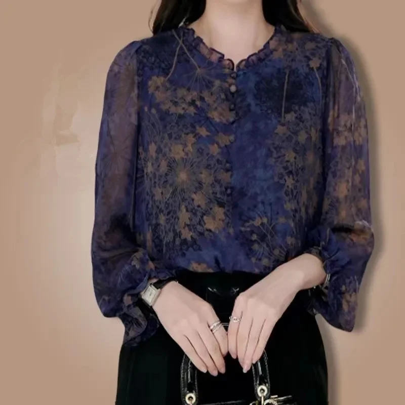

Women's Purple Floral Print Blouse Ruffled Collar Long Sleeve Chiffon Shirt Elegant Casual Office Top