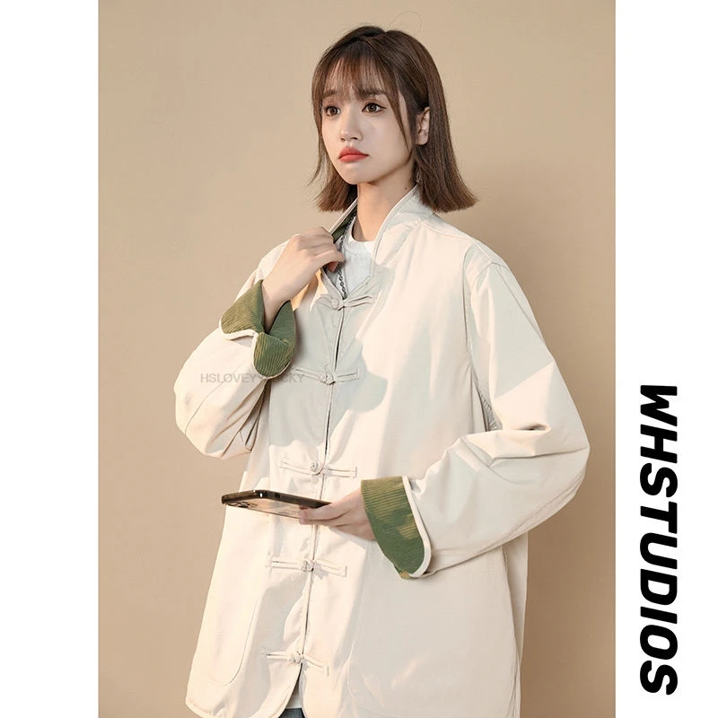 Chinese Style Disk Buckle Tang Suit Retro Standing Collar Zhongshan Suit Women Vintage Tangsuits Long Sleeve Coat