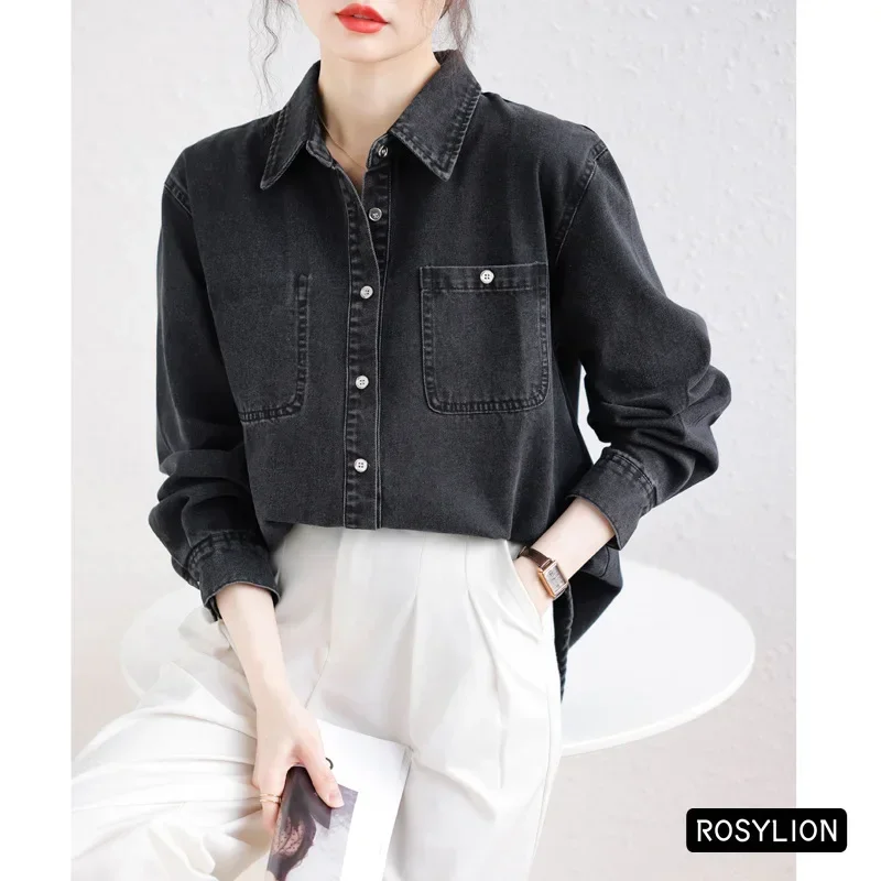 Ladies Black Denim Shirt Women Casual Sun Protection Loose Thin Long-sleeved Cotton Shirt Coat Button Up Top Top Streetwear S-XL