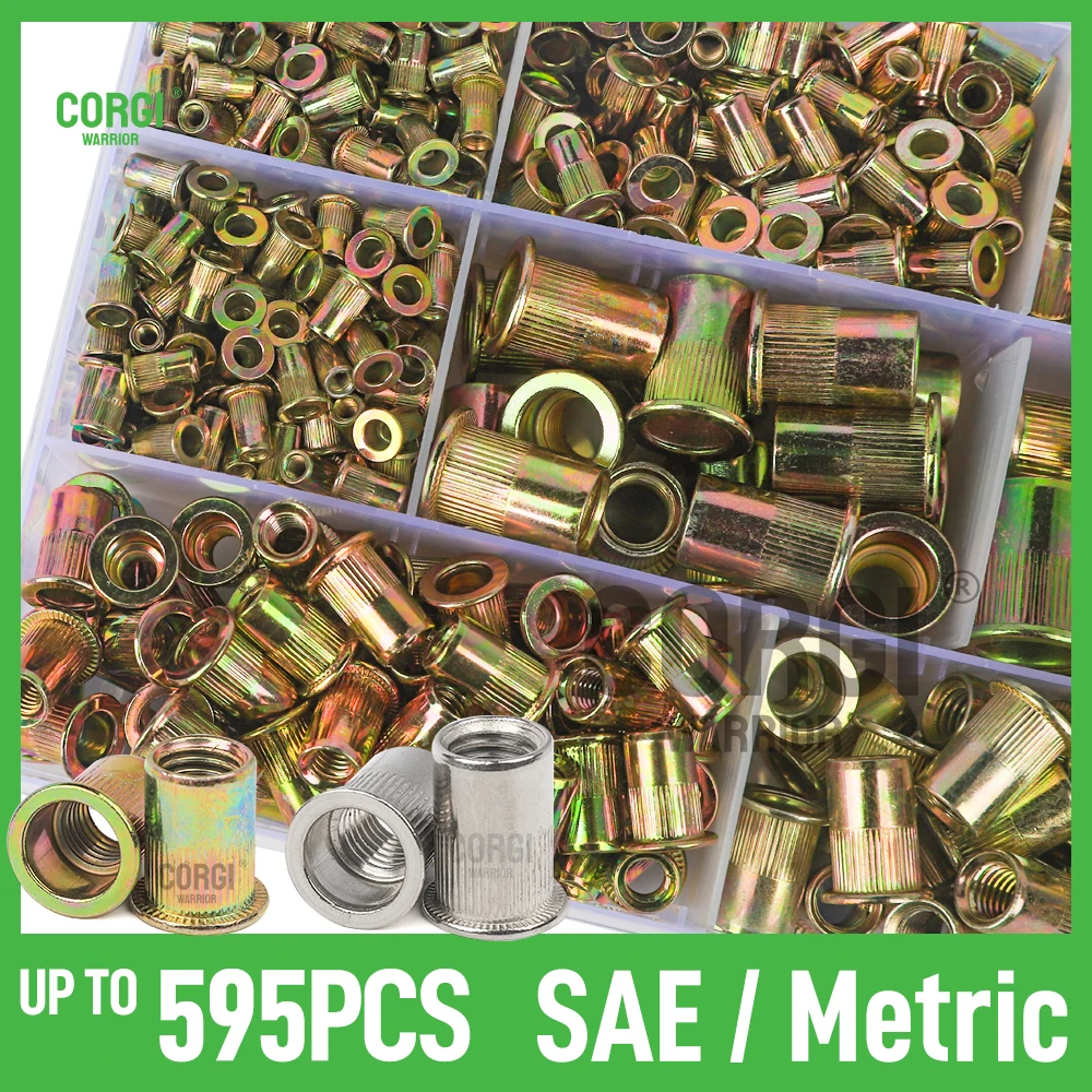 Metric SAE Rivet Nut Assortment Kit M3 M4 M5 M6 M8 M10 M12 6-32 8-32 10-24 1/4 -20 5/16 -18 3/8 -16 UNC Flat Head Rivnut Set