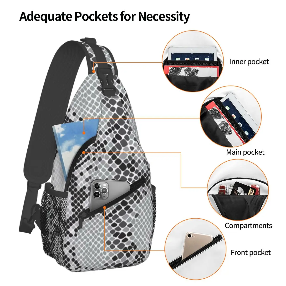 Gray Snake Skin Animal Print Chest Bag Men Sling Crossbody Backpack Chest Bag Traveling Hiking Daypack Shoulder Bag