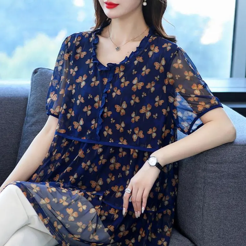 Women\'s Clothing Fashion Printed Midi Blouse Casual Round Neck 2023 Summer Short Sleeve Vintage Edible Tree Fungus Spliced Shirt