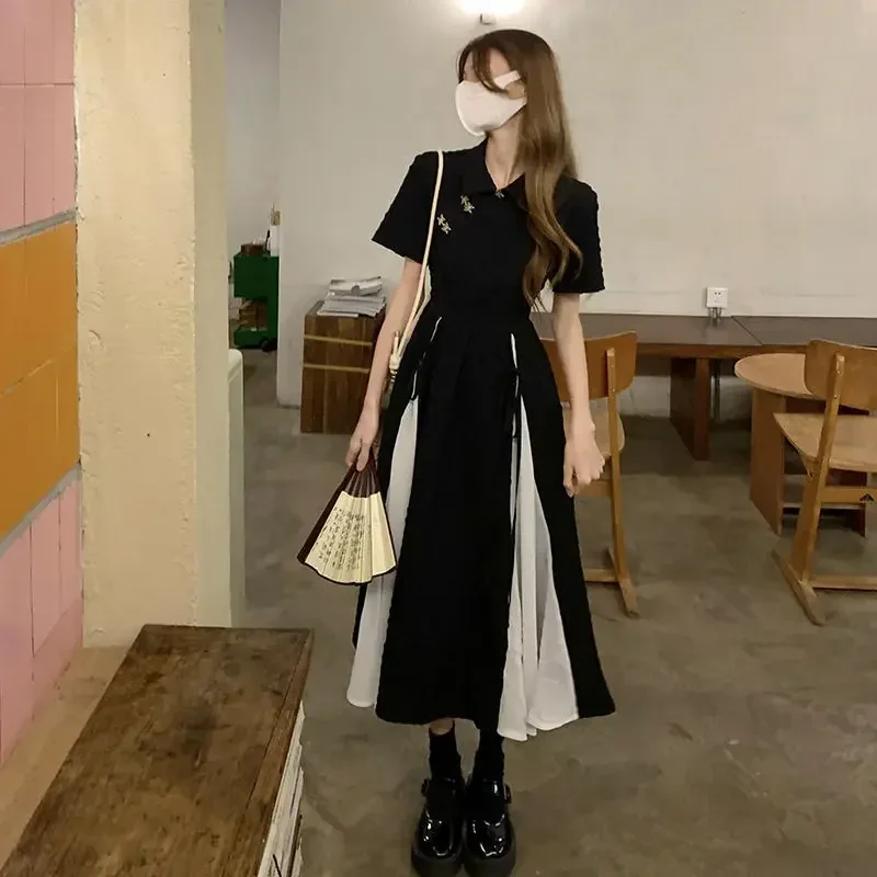 

2023 New Chinese Style Dress Balck Qipao Elegant White Black Patchwork Cheongsams Youth Girl Vestidos Long Dresses Qipao