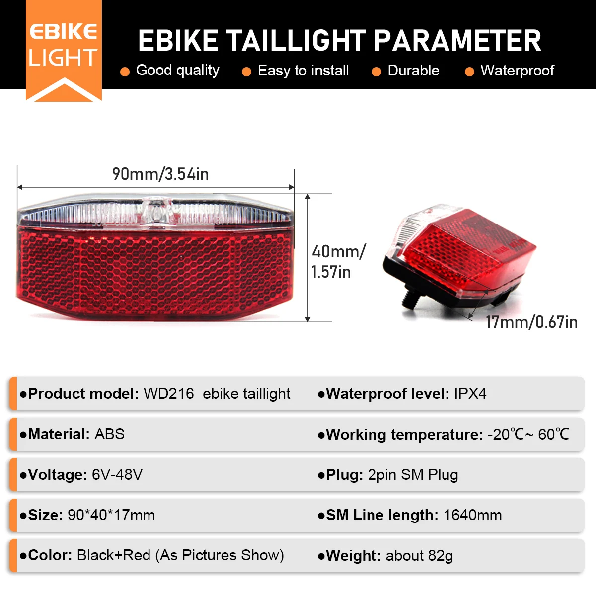 

6V-48V Ebike Rear Light/Tail Light WD216 LED Safety Warning Rear Lamp For E-Scooter Skateboard Stoplight Tail Lights Accessories