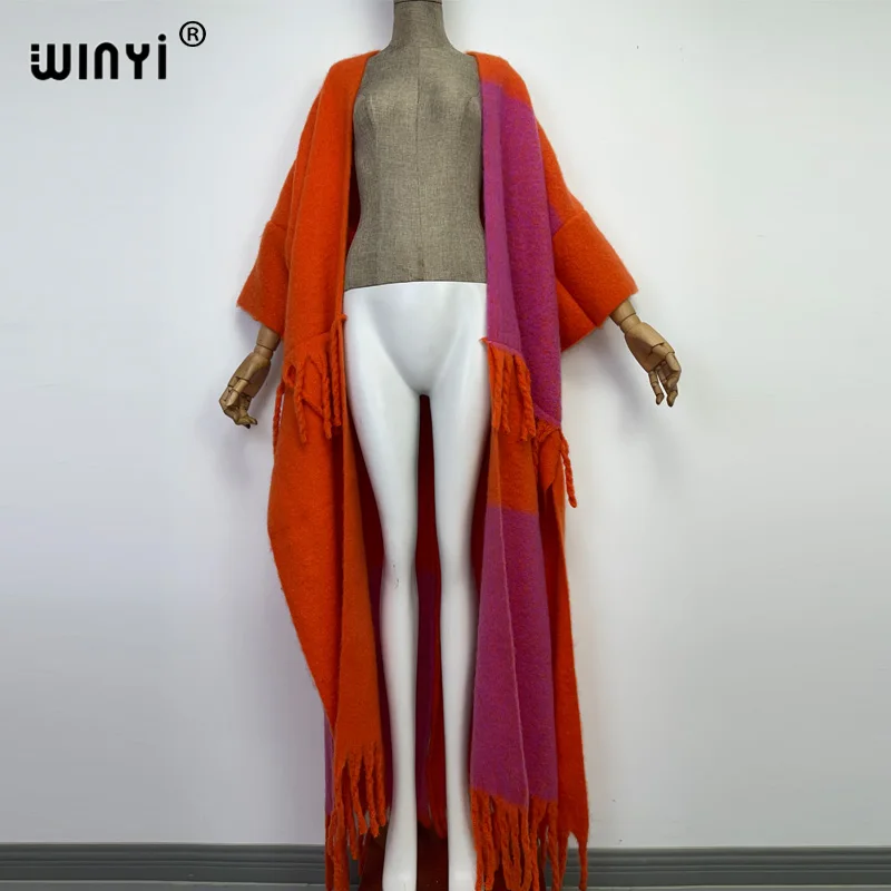 WINYI new Africa Winter Women tassel Cardigan coat Loose Christmas dress robe longue Thick Warm free size orange printing Kaftan