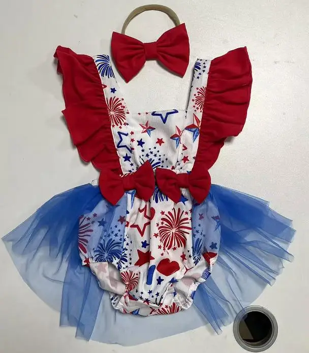 

Baby Girls Rompers Dress Independence Day Clothes Bow Star Print Fly Sleeve Summer Bodysuits Jumpsuits with Headband